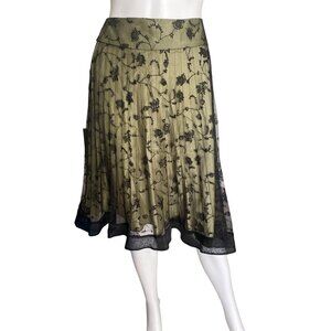 Vintage 90's Kay Unger Women's Green & Black Pleated Lace Skirt Size 6